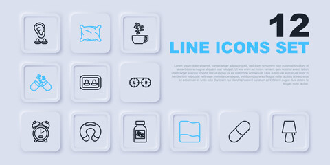 Set line Sleeping pill, Table lamp, Earplugs with storage box, Pillow, Travel neck pillow, and icon. Vector