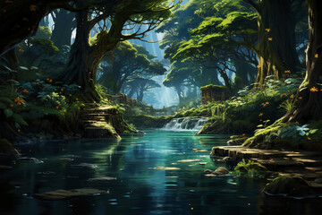 The stream under the big tree is clear to the bottom. AI generative