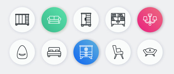 Set line Chest of drawers, Chandelier, Pouf, Armchair, Library bookshelf, Wardrobe, Sofa and Big bed icon. Vector