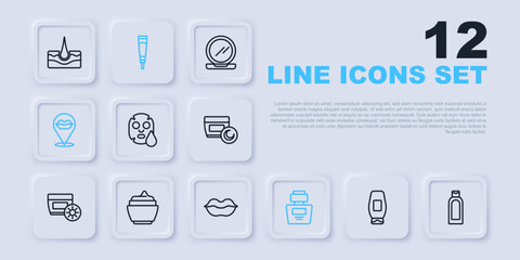 Set line Bottle of shampoo, Facial cosmetic mask, Perfume, Smiling lips, Cream or lotion tube, and icon. Vector