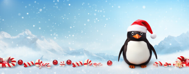 cute cartoon penguin on winter background, christmas card, legal AI