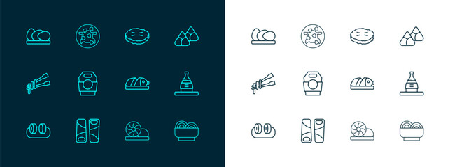 Set line Zongzi in bamboo steamer, Guotie, Fish with sliced pieces, Xiao long bao, Asian noodles paper box, Homemade, Chicken egg and Kung Pao chicken icon. Vector