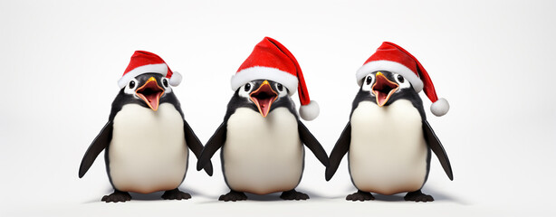 Fototapeta premium happy cartoon penguins sing a song on a white background. christmas card, legal AI