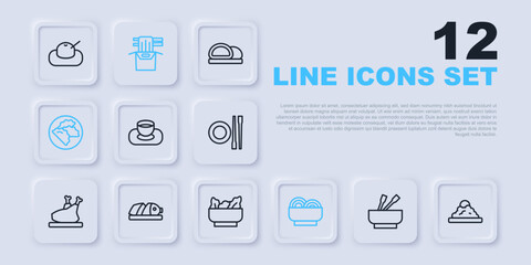 Set line Asian noodles in bowl, Rice, Soy sauce, Dumpling, Fish with sliced pieces, paper box and Wonton icon. Vector