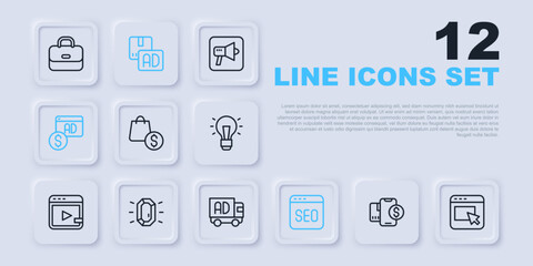 Set line Mobile with dollar, Advertising, shopping bag and, SEO optimization, Diamond, and truck icon. Vector