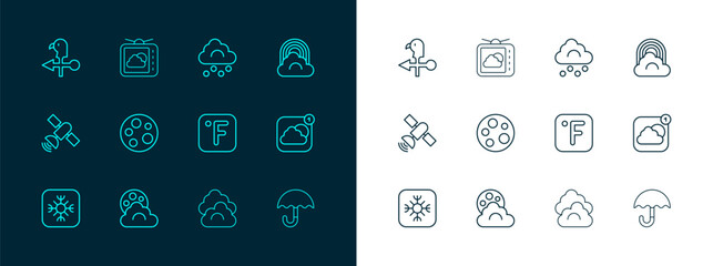 Set line Rainbow with cloud, Cloud moon, Fahrenheit, Moon, Hail, Rooster weather vane and Weather forecast icon. Vector
