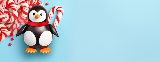 christmas card with cartoon penguin and candies on light blue background, legal AI