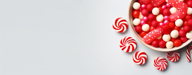 christmas red candies on white background with copy space, legal AI