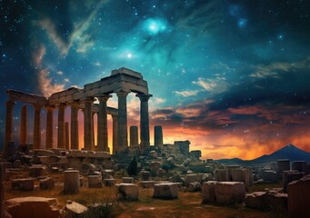 Fototapeta premium Celestial Mystique Over Ruins. Poster. Generativ Ai.