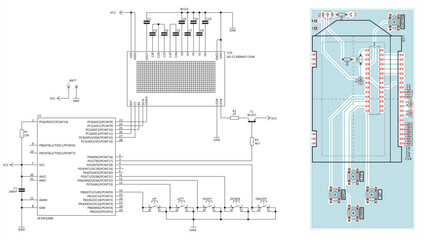 Vector drawing of the electrical schematic diagram 
and a printed circuit board 
of an electronic device with a microcontroller 
and a graphic display.
Engineering technical project.
