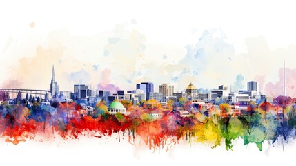 Colourful Athens GA Skyline in Watercolor Splatters.  US Cityscape Artistic Background with Clipping Path for Architecture Designs