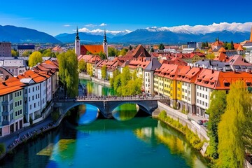 Aerial Panorama of Ljubljana: Slovenia's Beautiful Capital City Landscape with Stunning Architecture - obrazy, fototapety, plakaty