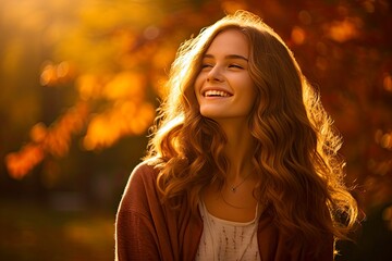 Young Girl in Admiration of Beautiful Autumn Nature. Smiling Girl Enjoys Backlight and Armfuls of Beauty