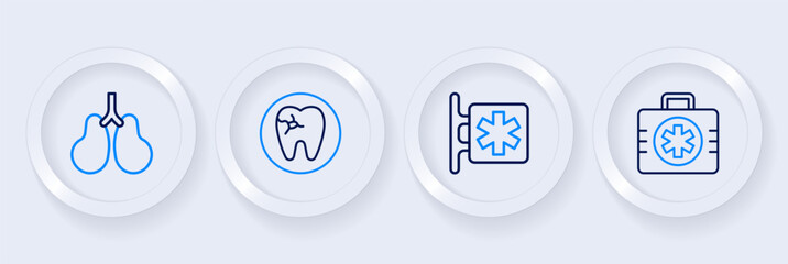 Set line First aid kit, Emergency - Star of Life, Tooth with caries and Lungs icon. Vector