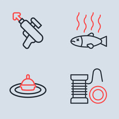 Set line Dead fish, Fishing float in water, Spinning reel for fishing and harpoon icon. Vector