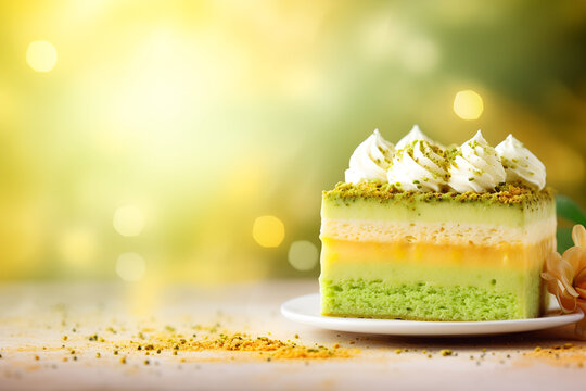 Layered matcha biscuit cake with pistachio and mango souffle on colored blurred boken background. Healthy sweet food concept. Matcha dessert banner with copy space for ads, menu, cards. Matcha sweets