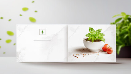 Mock up of advertising booklet or brochure for natural food or organic products business or menu of healthy food. mockup blank for your business card design. Template