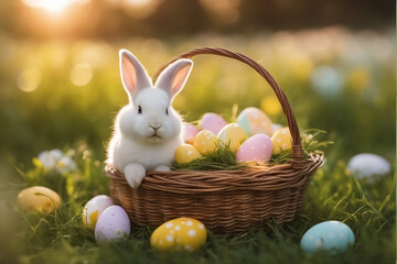 A cute bunny sits in a basket in a meadow surrounded by easter eggs