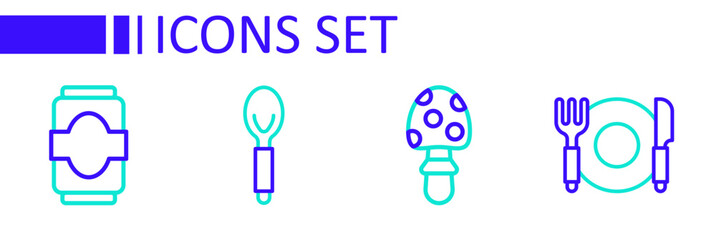 Set line Plate, fork and knife, Fly agaric mushroom, Spoon and Soda can icon. Vector