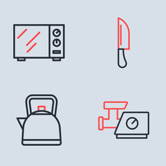 Set line Knife, Kettle with handle, Kitchen meat grinder and Microwave oven icon. Vector