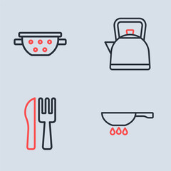 Set line Kettle with handle, Crossed knife fork, Frying pan on fire and Kitchen colander icon. Vector