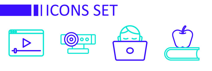 Set line Book with apple, Student working at laptop, Web camera and Online play video icon. Vector