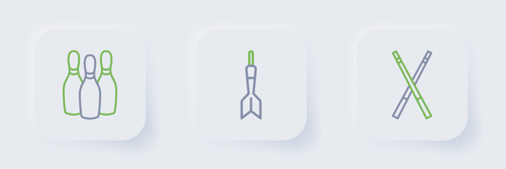 Set line Crossed billiard cues, Dart arrow and Bowling pin icon. Vector