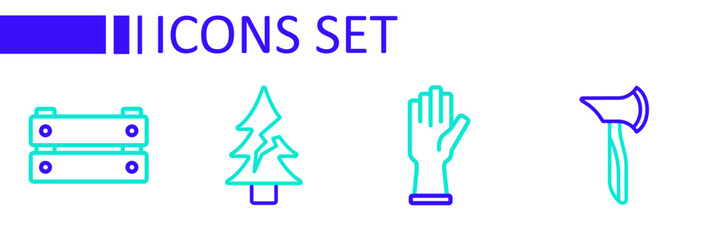Set line Wooden axe, Protective gloves, Tree and box icon. Vector
