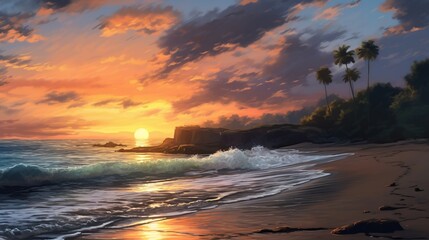 Beautiful sunset on the beach. Seascape at sunset.