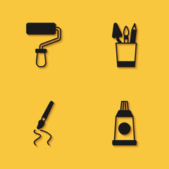 Set Paint roller brush, Tube with paint palette, and Pencil case stationery icon with long shadow. Vector