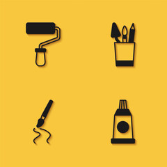 Set Paint roller brush, Tube with paint palette, and Pencil case stationery icon with long shadow. Vector