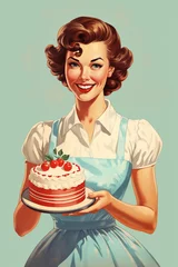 Selbstklebende Fototapeten 1950s vintage style illustration of cheerful housewife holding delicious birthday cake.  © Aul Zitzke