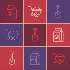 Set line Pack full of seeds, Shovel and Wheelbarrow icon. Vector