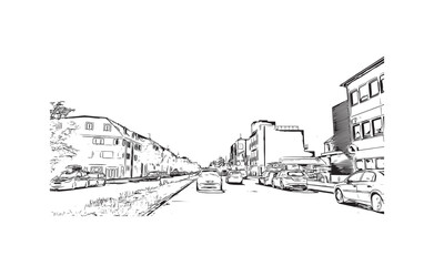 Building view with landmark of  Roskilde is the city in Denmark. Hand drawn sketch illustration in vector.