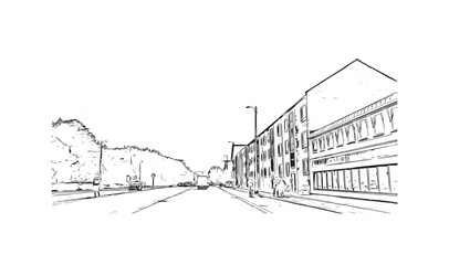 Building view with landmark of  Roskilde is the city in Denmark. Hand drawn sketch illustration in vector.