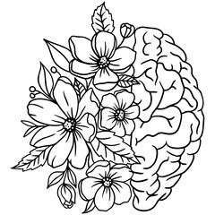 Floral human brain. Collection of brain with flowes inscription "Mental health matter". Human anatomy. Medical art. Vector illustration on white background.