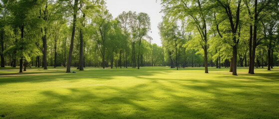 Obraz premium Beautiful panoramic landscape of park with trees and green grass field in autumn sunny morning.