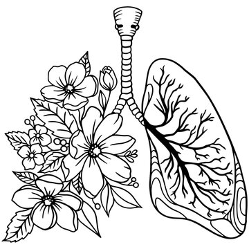 Human lungs with flowers black isolated vector icon. Lung, bronchi, human organ illustration. Floral Lungs. Human Lung. Vector illustration art