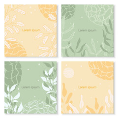 Set of four square backgrounds in autumn orange and green tones with floral and abstract elements. Minimalism with botanical elements in poster, cover, postcard, invitation and social media design.