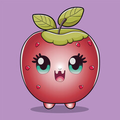 Cute chibi cartoon apple with eyes and a green leaf