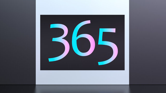 Numbers 365 neon glowing banner. Conceptual abstract text 365. 3D render