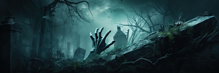 zombie hand reaching out of the grave - obrazy, fototapety, plakaty