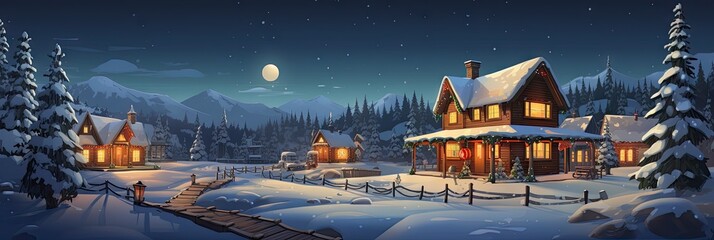 Winter village at night with a full moon and snowy forest