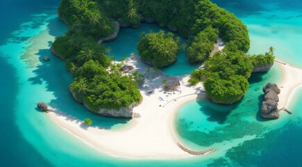 view of island, island in the sea, beach with palm trees and sea, view of tropical island, tropical beach - obrazy, fototapety, plakaty