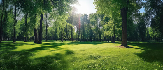 Beautiful panoramic landscape of park with trees and green grass field in autumn sunny morning.