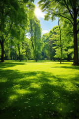 Beautiful panoramic landscape of park with trees and green grass field in autumn sunny morning.