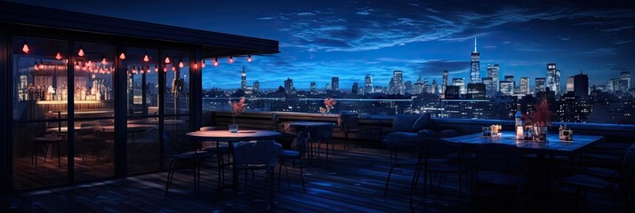 rooftop bar at night overlooking the cityscape