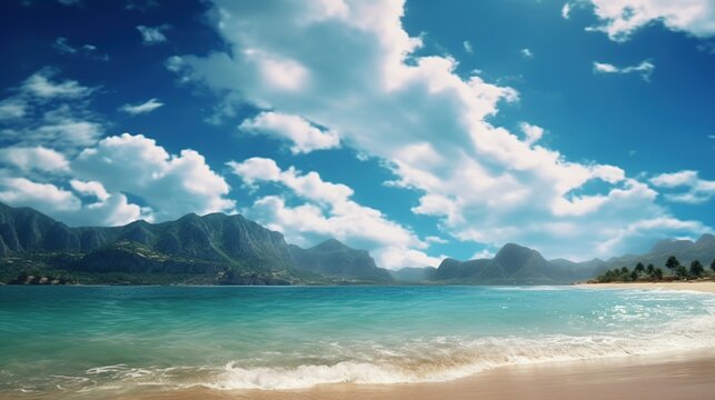 beautiful beach and tropical sea under blue sky with clouds - retro vintage style