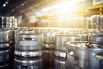 metal beer kegs, finished goods warehouse of the brewery