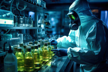 A scientist in a chemical laboratory examines a toxic liquid